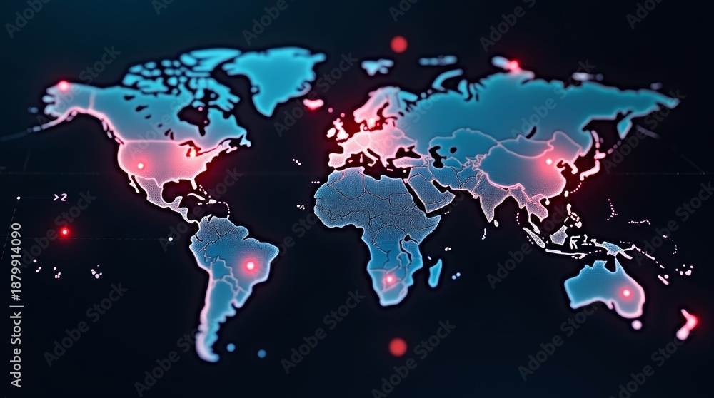 Fototapeta premium Holographic world map with target markers representing cyber warfare strategy