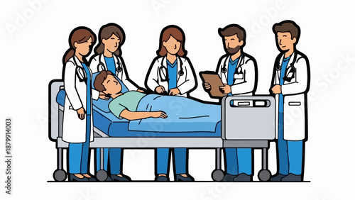 A team of doctors surrounds a patient lying in a hospital bed