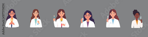 Diverse Female Scientists and Researchers Vector Set. Women in STEM Holding Test Tubes for Lab Research, Chemistry & Healthcare.