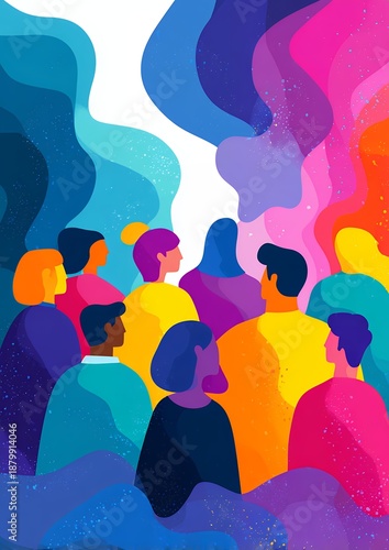 Diverse Group Of People Looking Up Towards Bright Colorful Abstract Background With Sparkles