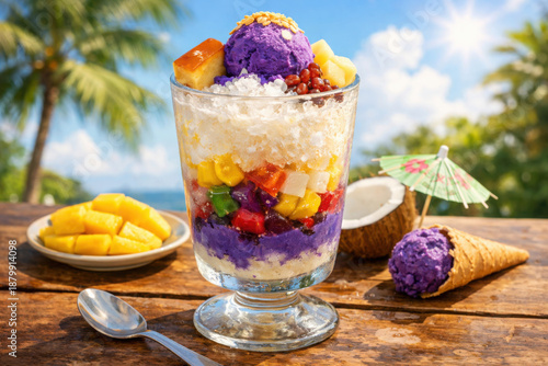 Enjoying Halo Halo in the Philippines on a sunny day with colorful ingredients and refreshing flavors