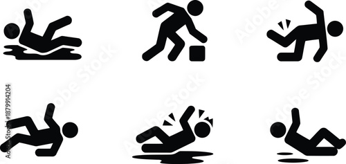 A series of warning pictograms showing people slipping on liquid and falling due to unexpected obstacles