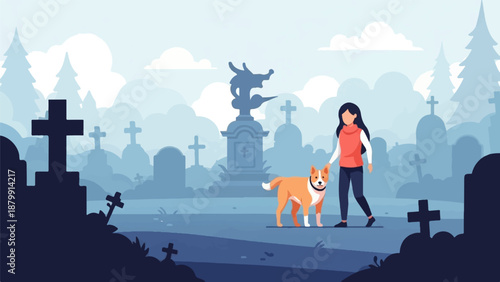 A person walks a dog through a cemetery with tombstones and a statue