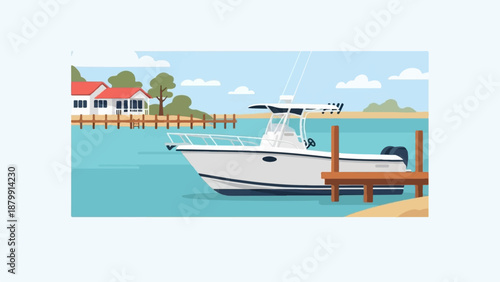 A motorboat is docked beside a wooden pier in a tranquil bay near houses