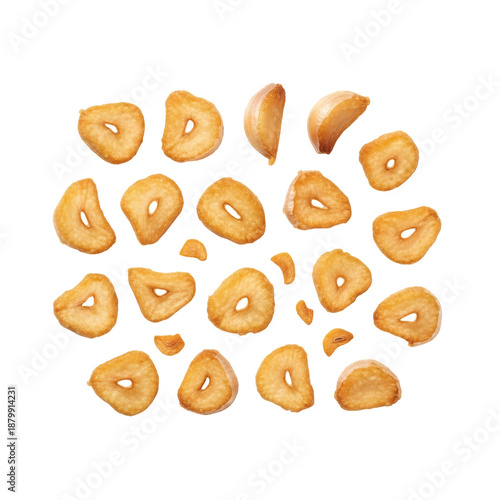Crispy fried garlic flakes and slices floating On Transparent Background