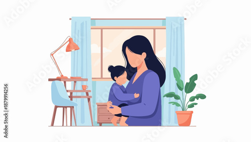 A mother holds her baby in front of a window with a desk and plant