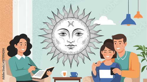 A therapist guides a couple in a session with a celestial sun art