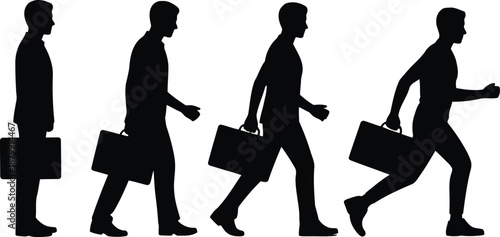 A sequence of black silhouettes illustrates a professional mans journey from standing to rushing