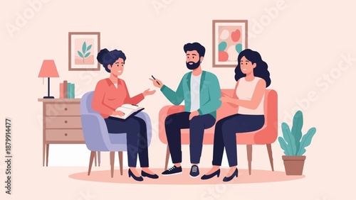 A therapist talks with a couple on a couch in a cozy room