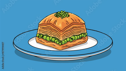 A single piece of baklava with green pistachio filling on a blue plate