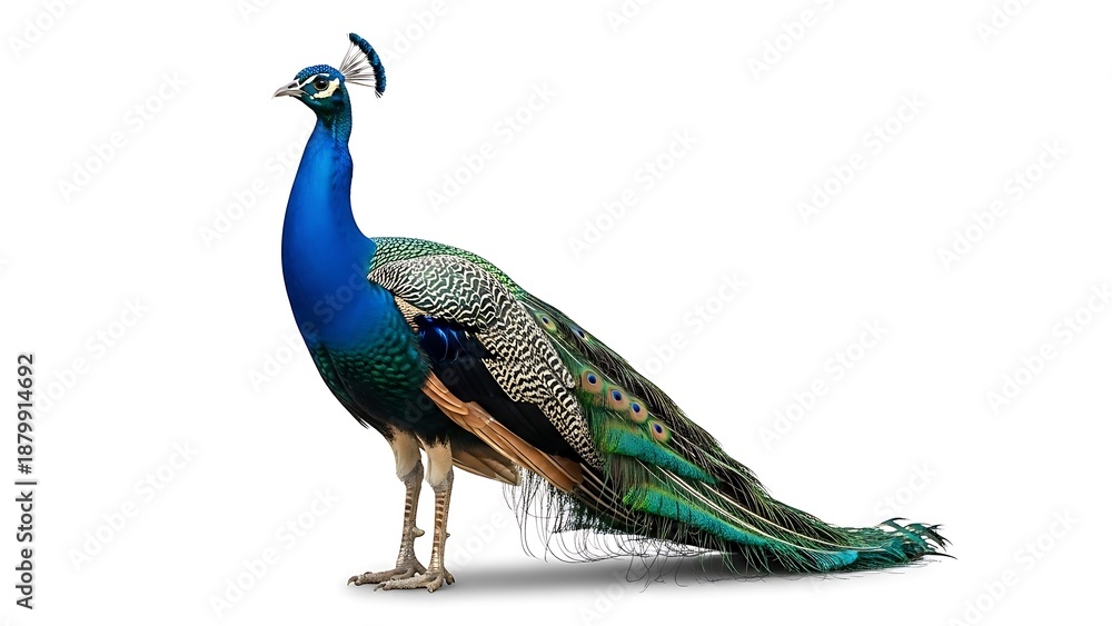 Obraz premium Regal Blue Peacock Isolated: Full-Length Side View of an Elegant Indian Peafowl Displaying Shimmering Iridescent Plumage and Long Tail Feathers on a Pure White Background.