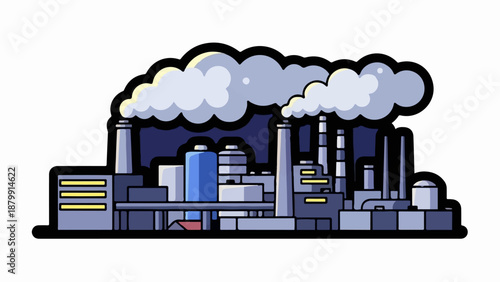 A stylized industrial complex with multiple stacks emitting smoke