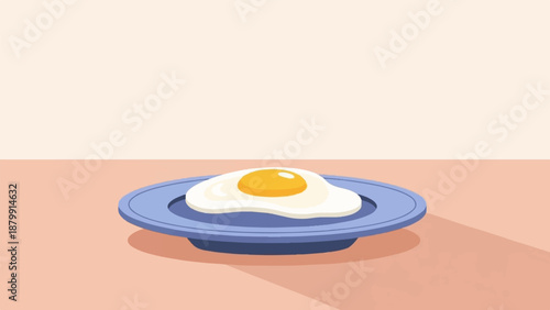 A single sunny-side-up egg rests on a blue plate, casting a soft shadow