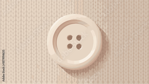A single, textured, light-colored button with four holes rests on a knitted fabric