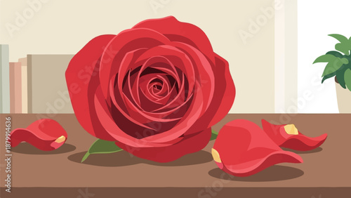 A single vibrant red rose with fallen petals on a wooden surface