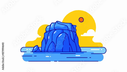 A stylized blue iceberg floats in bright blue water under a large yellow sun and sky