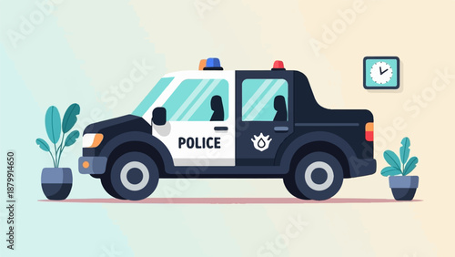 A stylized illustration shows a police car with officers inside, flanked by potted plants