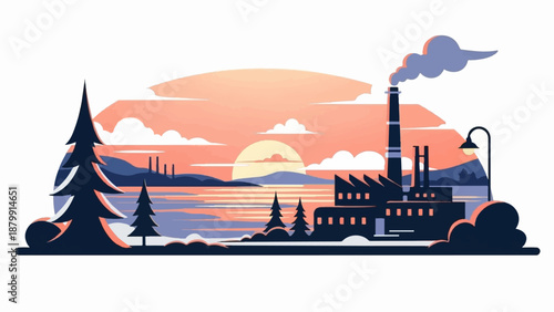 A stylized industrial landscape with a sunset over water