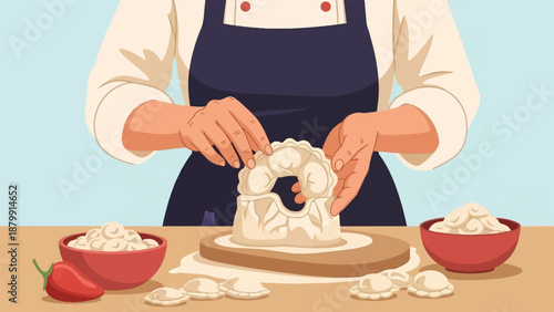 A pair of hands expertly forming dough into a ring shape, surrounded by ingredients