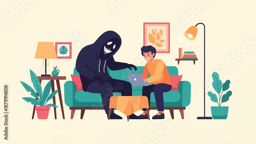 A sinister figure in a hoodie looms over a person using a laptop