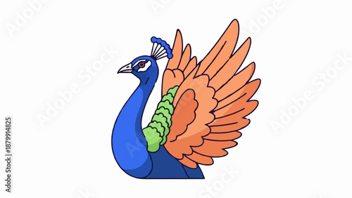 A stylized blue peacock with open orange tail feathers and green accents