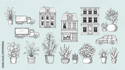 A sketch of buildings, vehicles, and potted plants on a light blue background