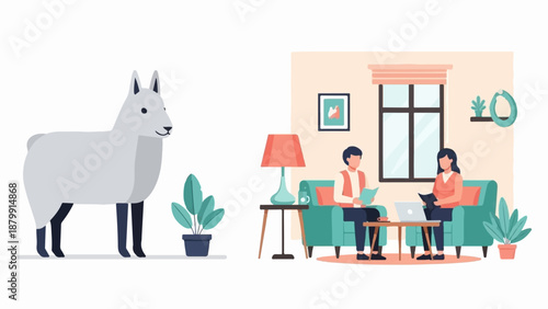 A stylized llama stands near potted plants in a split-screen scene with people in a living room