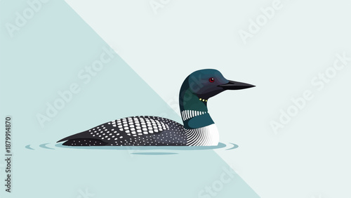A stylized loon floats serenely on light blue water, its plumage detailed