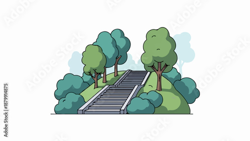 A park staircase ascends a grassy hill surrounded by trees and shrubs