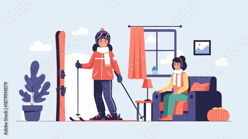 A skier stands with equipment indoors while a person relaxes on a sofa