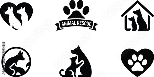 A set of six black and white animal rescue and pet care silhouette icons on a clean background