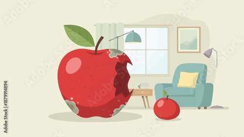 A partially eaten, moldy apple sits beside a small perfect apple in a room
