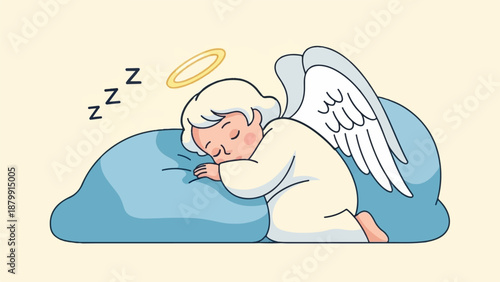 A sleeping cherub with a halo and wings rests on a blue pillow