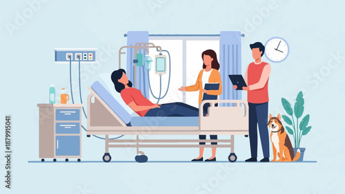 A patient in bed, with medical equipment and visitors, including a dog