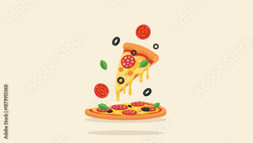 A slice of pizza floats above a whole pizza with toppings