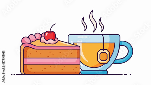 A slice of layered cake topped with a cherry sits next to hot tea