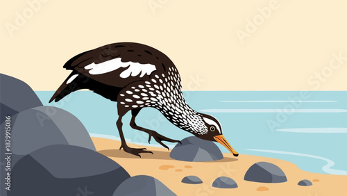 A shorebird pecks at the sand near the ocean's edge