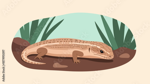 A patterned lizard rests in a natural environment with tall green plants