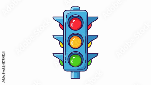 A simple blue traffic light with red, yellow, and green lights on white background