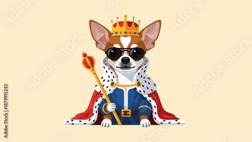 A small dog is dressed as a king, wearing a crown, sunglasses, and regal robes
