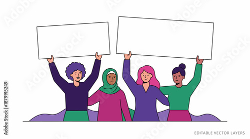 Diverse group of women holding blank signs advocating for rights and equality.
