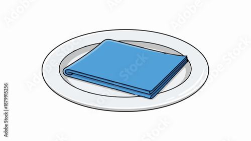 A simple cartoon drawing of a blue cloth napkin neatly folded on a white plate