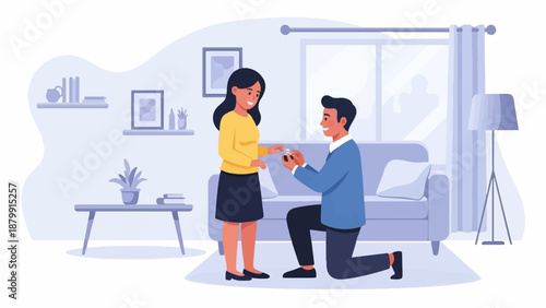 A man proposes to a woman with a ring in a cozy room