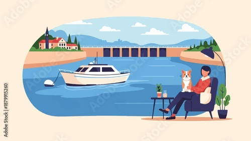 A person and dog relax by a calm canal with a boat and distant dam