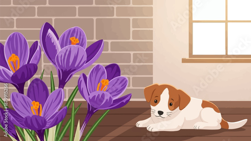 A small dog rests indoors with purple crocuses by a window