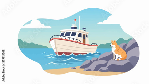 A small dog sits on rocks by the sea, watching a boat sail
