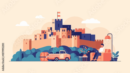 A man relaxes in a modern living room with a laptop, overlooking a historic castle