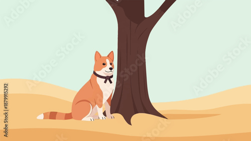 A small dog with a bow tie sits near a tree in a sandy landscape
