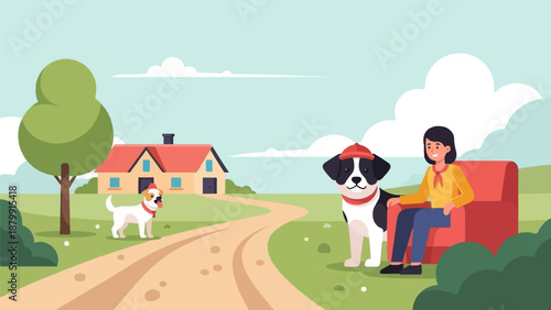 A person and two dogs relaxing in a rural setting by a country house