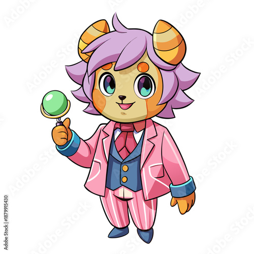 Cute cartoon character wearing a suit holding a toy rattle